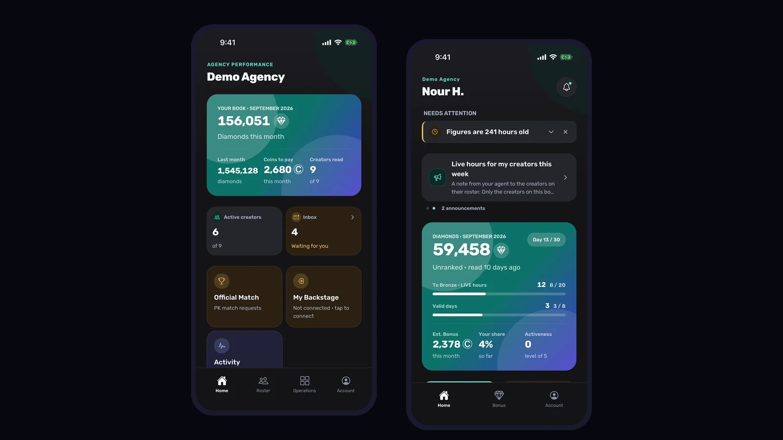 Devign Agency Suite: the staff and creator home screens, demo agency
