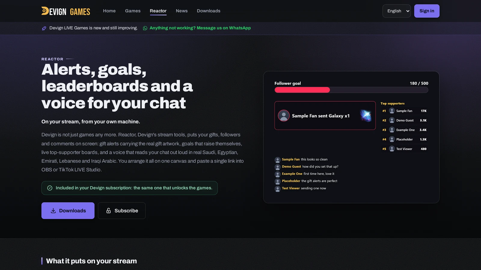 Reactor: the Stream Tools page on gaming.devignlb.com