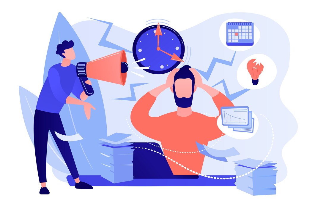 exhausted frustrated worker burnout boss shout employee deadline how relieve stress acute stress disorder work related stress concept pinkish coral bluevector isolated illu